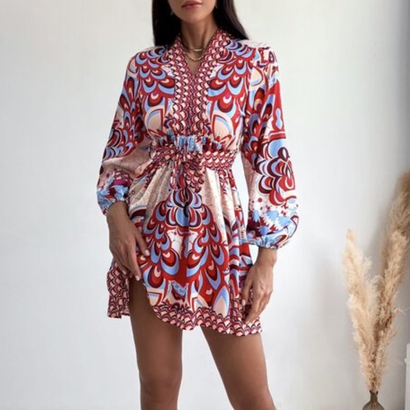 Boho Lantern Sleeve Mini Dress Office Work - Picture 3 of 5